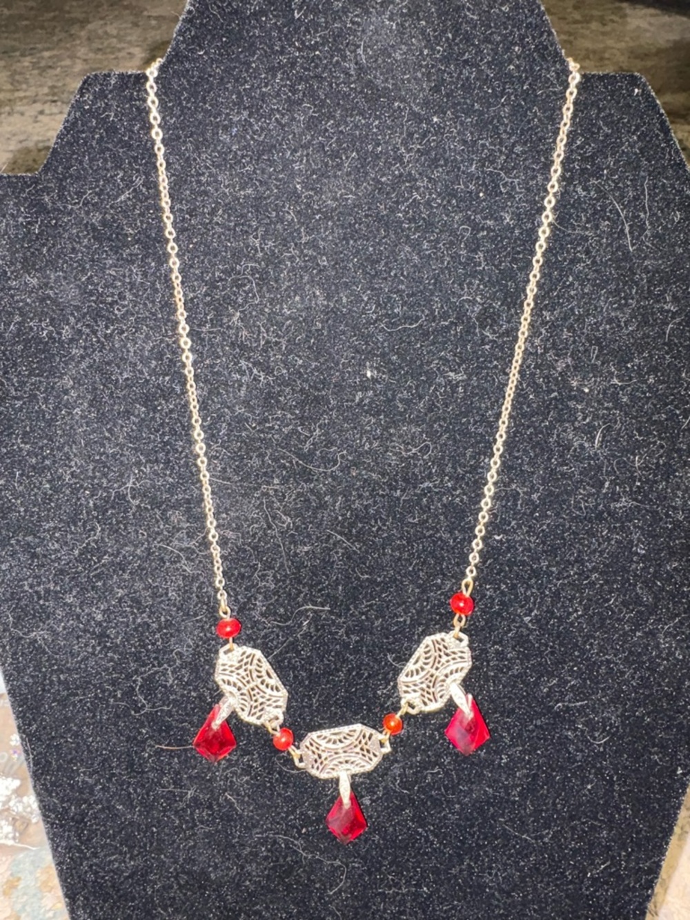 Silver tone Filigree Necklace with Red Crystal Drops